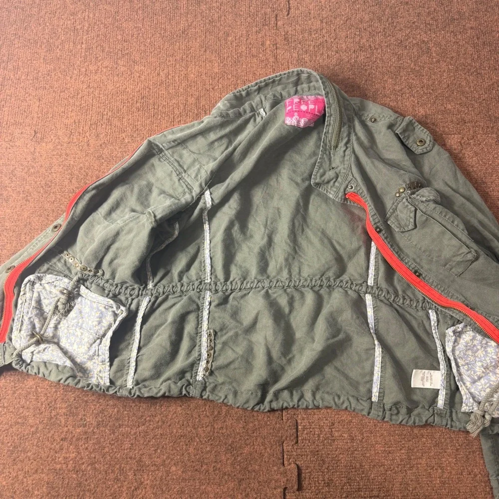 Free People Olive Green Linen Blend Military Utility Field Jacket Studded Size 8